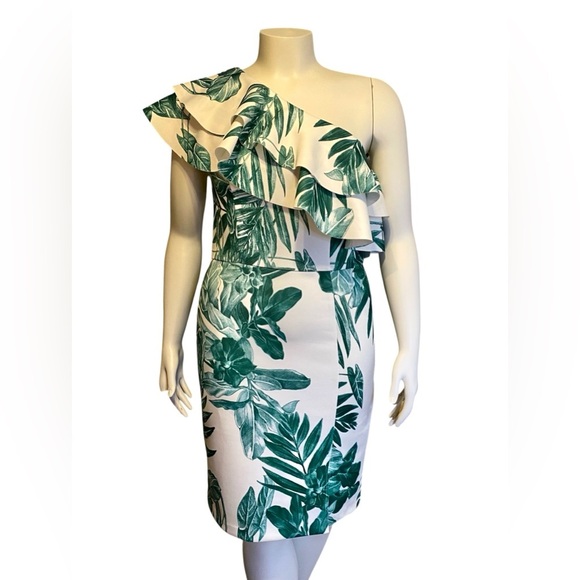 Alexia Admor Tropical Leaf One Shoulder Sheath Midi Dress Women’s Size M NWT - Picture 2 of 13